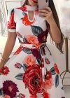 Kadın Kısa Kollu Pencere Detay Gül Baskılı Tam Boy Kiloş Elbise