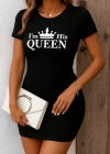 Kadın Kısa Kollu Queen Baskı Iki Iplik Mini Elbise