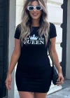 Kadın Kısa Kollu Queen Baskı Iki Iplik Mini Elbise
