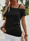 Kadın Kısa Kollu Tek Tarafı Askılı Düşük Omuzlu Düğme Detay Viskon Bluz