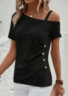 Kadın Kısa Kollu Tek Tarafı Askılı Düşük Omuzlu Düğme Detay Viskon Bluz