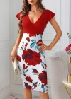 Kadın Kısa Kollu üstü Kırmızı Viskon Altı çiçek Baskılı Dalgıç Mini Elbise