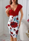 Kadın Kısa Kollu üstü Kırmızı Viskon Altı çiçek Baskılı Dalgıç Mini Elbise