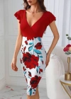 Kadın Kısa Kollu üstü Kırmızı Viskon Altı çiçek Baskılı Dalgıç Mini Elbise