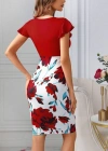 Kadın Kısa Kollu üstü Kırmızı Viskon Altı çiçek Baskılı Dalgıç Mini Elbise