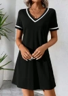 Kadın Kısa Kollu V çizgili Yakalı Kısa Viskon Elbise