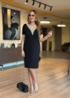 Kadın Kısa Kollu V Dantel Yaka Viskon Iki Iplik Elbise