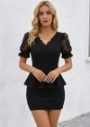 Kadın Kısa Kollu V Dantel Yakalı Belden Volanlı Kısa Ithal Krep Elbise