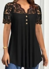 Kadın Kısa Kollu V Dantel Yakalı Düğmeli Viskon Bluz