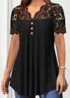 Kadın Kısa Kollu V Dantel Yakalı Düğmeli Viskon Bluz