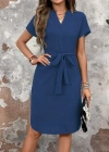 Kadın Kısa Kollu V Hakim Yaka Belden Kuşaklı Valencia Elbise
