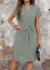 Kadın Kısa Kollu V Hakim Yaka Belden Kuşaklı Valencia Elbise