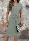 Kadın Kısa Kollu V Hakim Yaka Belden Kuşaklı Valencia Elbise