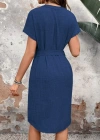 Kadın Kısa Kollu V Hakim Yaka Belden Kuşaklı Valencia Elbise