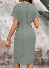 Kadın Kısa Kollu V Hakim Yaka Belden Kuşaklı Valencia Elbise