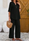 Kadın Kısa Kollu V Hakim Yaka Düğmeli Bürümcük Bluz Ve Pantolon Ikili Takım