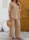 Kadın Kısa Kollu V Hakim Yaka Düğmeli Bürümcük Bluz Ve Pantolon Ikili Takım