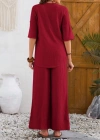Kadın Kısa Kollu V Hakim Yaka Düğmeli Bürümcük Bluz Ve Pantolon Ikili Takım