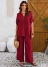 Kadın Kısa Kollu V Hakim Yaka Düğmeli Bürümcük Bluz Ve Pantolon Ikili Takım