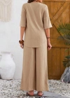 Kadın Kısa Kollu V Hakim Yaka Düğmeli Bürümcük Bluz Ve Pantolon Ikili Takım