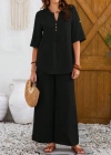 Kadın Kısa Kollu V Hakim Yaka Düğmeli Bürümcük Bluz Ve Pantolon Ikili Takım