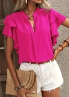 Kadın Kısa Kollu V Hakim Yaka Kolları Fırfırlı Dubai Bluz
