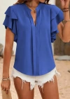 Kadın Kısa Kollu V Hakim Yaka Kolları Fırfırlı Dubai Bluz