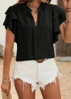 Kadın Kısa Kollu V Hakim Yaka Kolları Fırfırlı Dubai Bluz