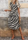 Kadın Kısa Kollu V Hakim Yakalı Zebra Desenli Midi Süprem Elbise