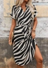 Kadın Kısa Kollu V Hakim Yakalı Zebra Desenli Midi Süprem Elbise