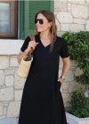 Kadın Kısa Kollu V Yaka Cepli A Kesim Detaylı Viskon Elbise