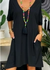 Kadın Kısa Kollu V Yaka Cepli Bürümcük Salaş Elbise