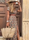 Kadın Kısa Kollu V Yaka Etnik Desenli Yırtmaç Detay Süprem Elbise (kemersiz)