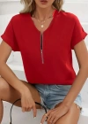 Kadın Kısa Kollu V Yaka Fermuarlı Salaş Sandy Bluz