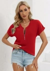 Kadın Kısa Kollu V Yaka Fermuarlı Salaş Sandy Bluz