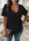 Kadın Kısa Kollu V Yaka Fitilli Kaşkorse Bluz