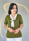 Kadın Kısa Kollu V Yaka Fular Detay Merserize Triko Bbluz
