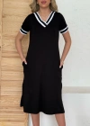 Kadın Kısa Kollu V Yaka Kol Ve Yaka Ribana Detay Midi Boy Viskon Elbise