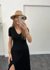 Kadın Kısa Kollu V Yaka Maxi Boy Elbise 124 Cm