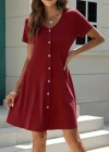 Kadın Kısa Kollu V Yaka önü Düğmeli Viskon Elbise