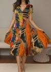 Kadın Kısa Kollu V Yaka Renkli Karışık Desen Kloş Süprem Midi Elbise