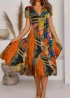 Kadın Kısa Kollu V Yaka Renkli Karışık Desen Kloş Süprem Midi Elbise