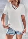 Kadın Kısa Kollu V Yaka şerit Detay Viskon Bluz