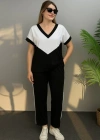 Kadın Kısa Kollu V Yaka Siyah Beyaz Renkli Viskon Iki Iplik Kumaş Eşofman Takımı