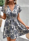 Kadın Kısa Kollu V Yakalı Beli Kuşaklı Desenli Sofya Elbise