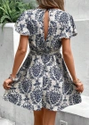 Kadın Kısa Kollu V Yakalı Beli Kuşaklı Desenli Sofya Elbise
