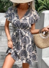Kadın Kısa Kollu V Yakalı Beli Kuşaklı Desenli Sofya Elbise