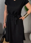 Kadın Kısa Kollu V Yakalı Beli Kuşaklı Ithal Keten Elbise