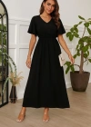 Kadın Kısa Kollu V Yakalı Beli Lastikli Uzun Viskon Elbise