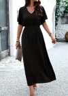 Kadın Kısa Kollu V Yakalı Beli Lastikli Uzun Viskon Elbise